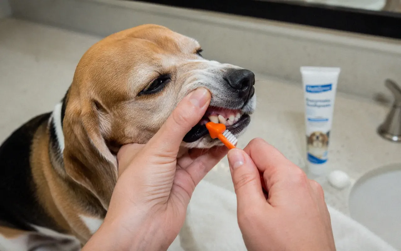 Close-up of a dog getting its teeth brushed with a finger brush by its owner