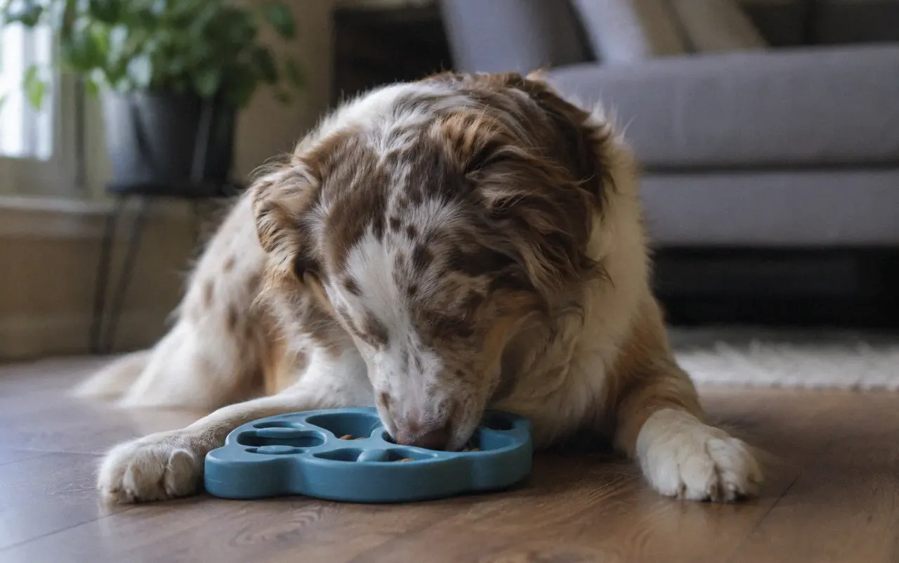 Dog working on a puzzle feeder toy filled with treats for mental stimulation