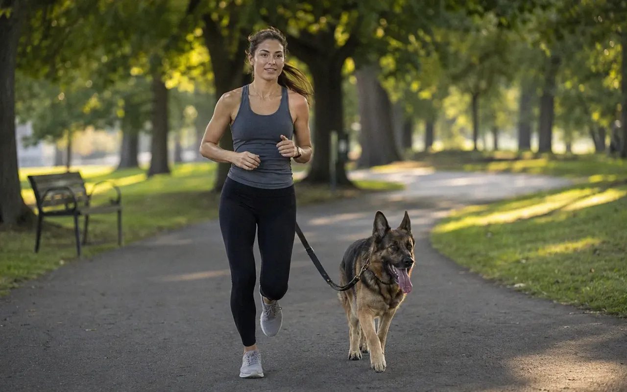 Dog and owner jogging together on a park trail during morning exercise