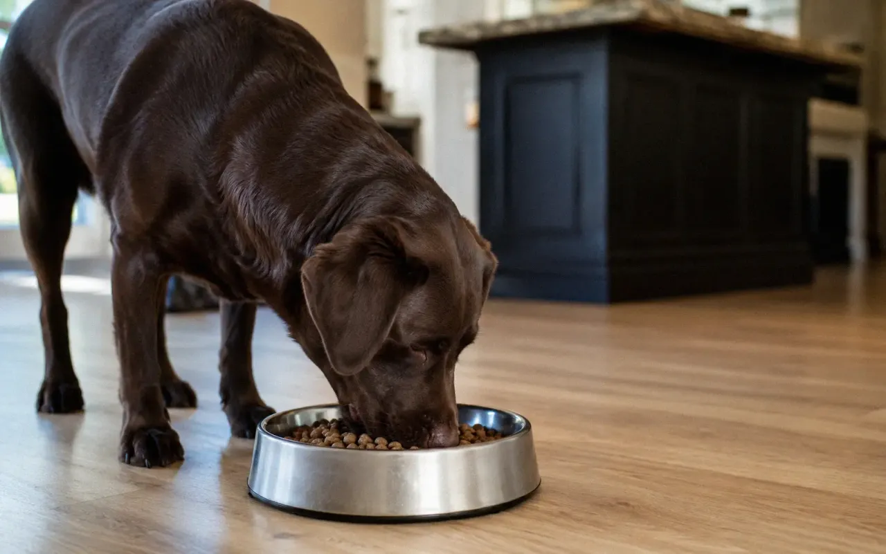 Dog eating from a stainless steel bowl filled with balanced nutritious dog food
