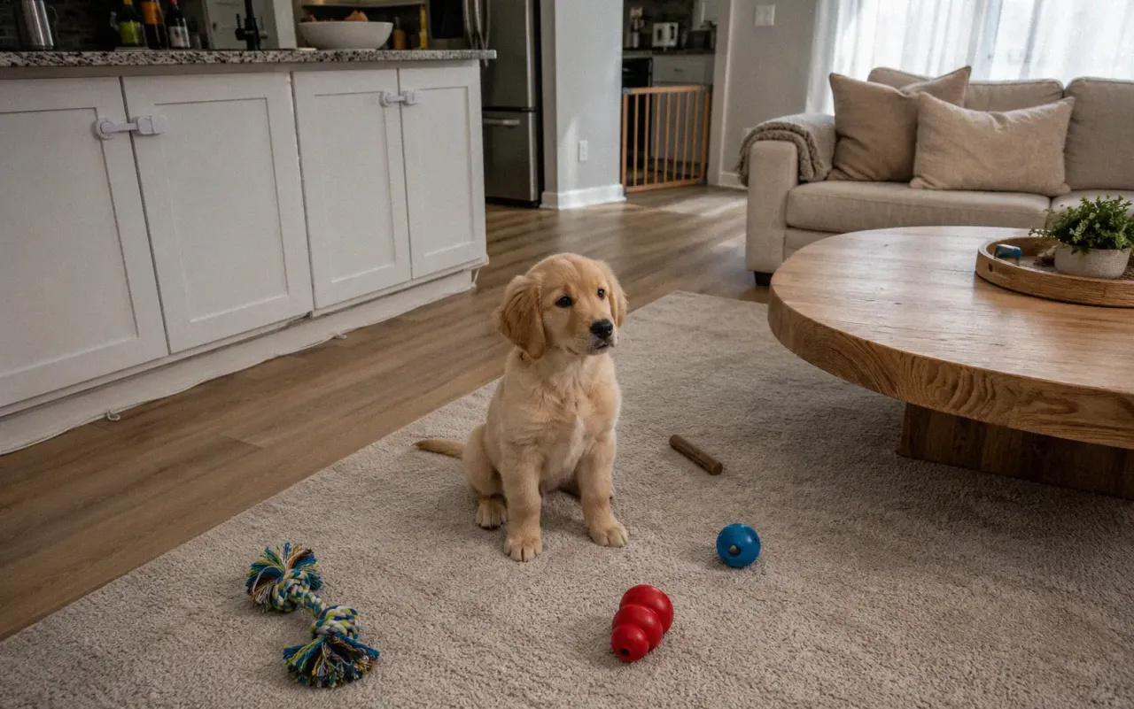 Dog-proofed living room with secure cabinets and safe chew toys on the floor