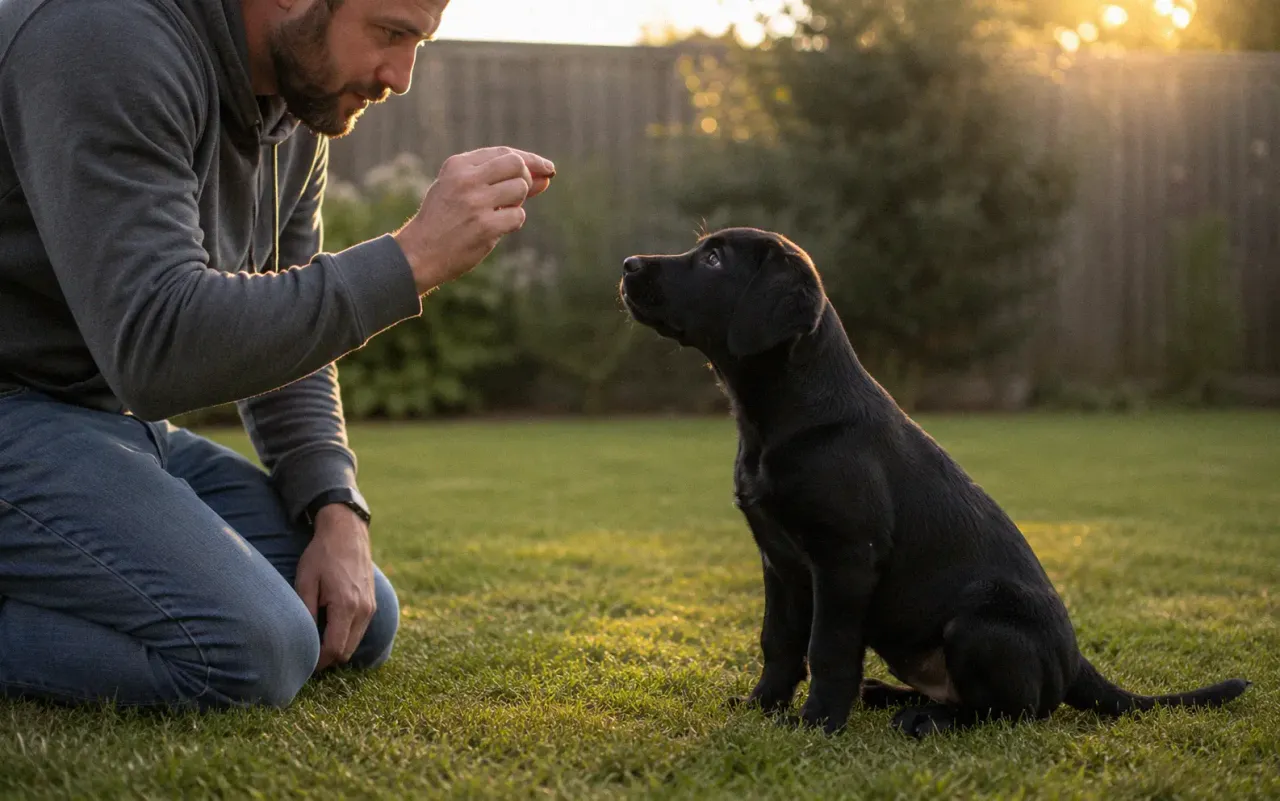 Owner training a young dog to sit using positive reinforcement with a treat
