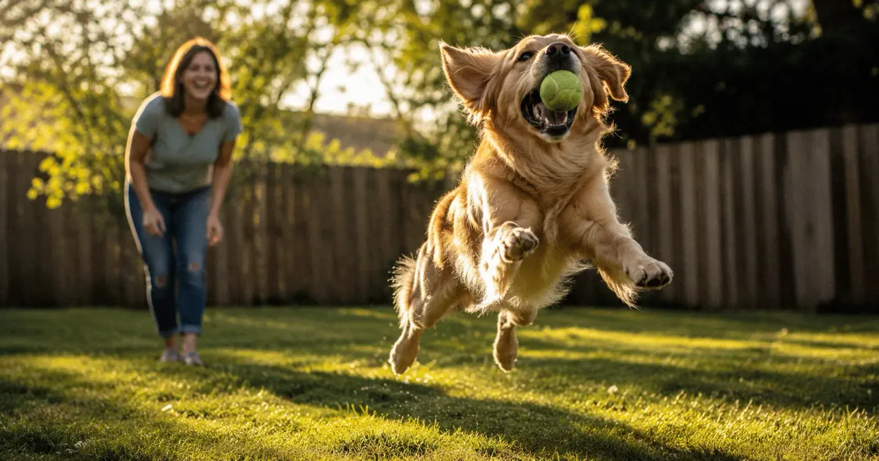 Happy dog playing outdoors in a backyard with its owner during a sunny afternoon