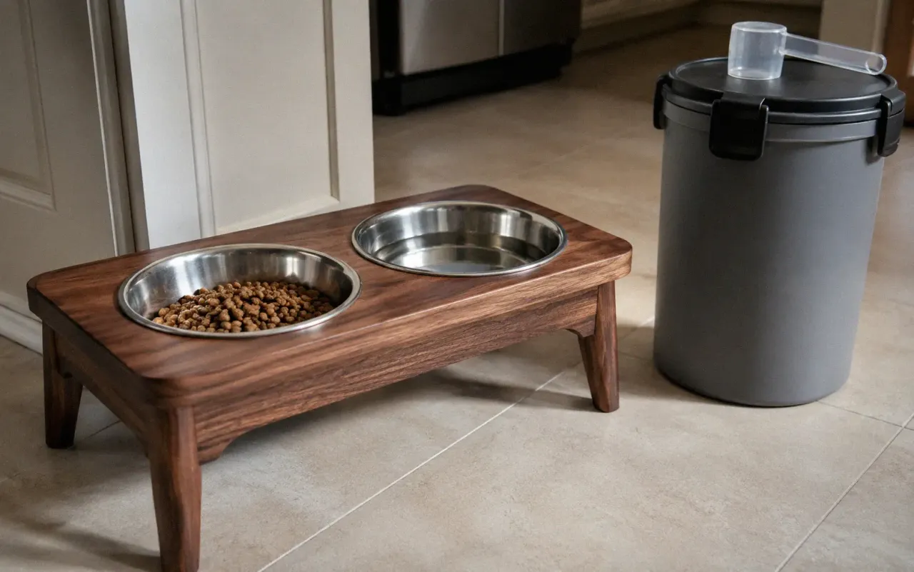 Stainless steel dog bowls elevated feeder and airtight food storage container on a kitchen floor