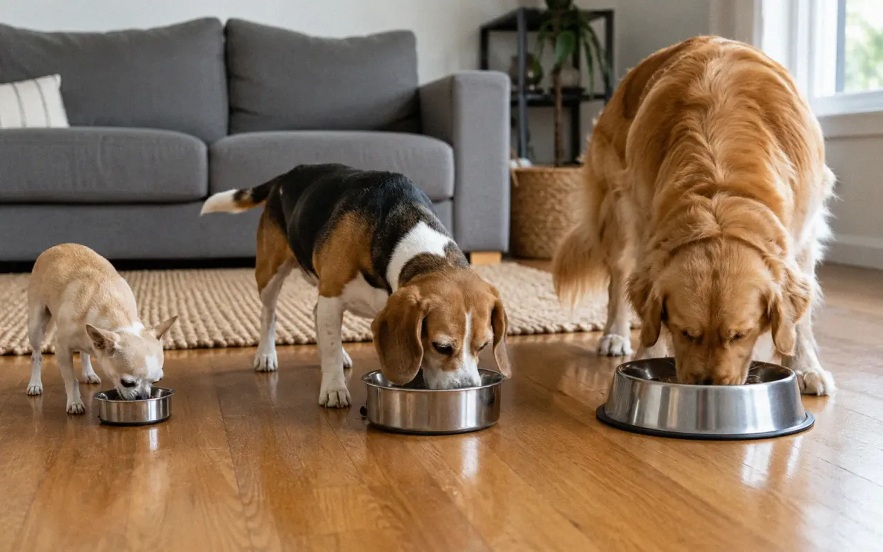 Three different sized dogs eating from appropriate bowls showing small medium and large breed feeding