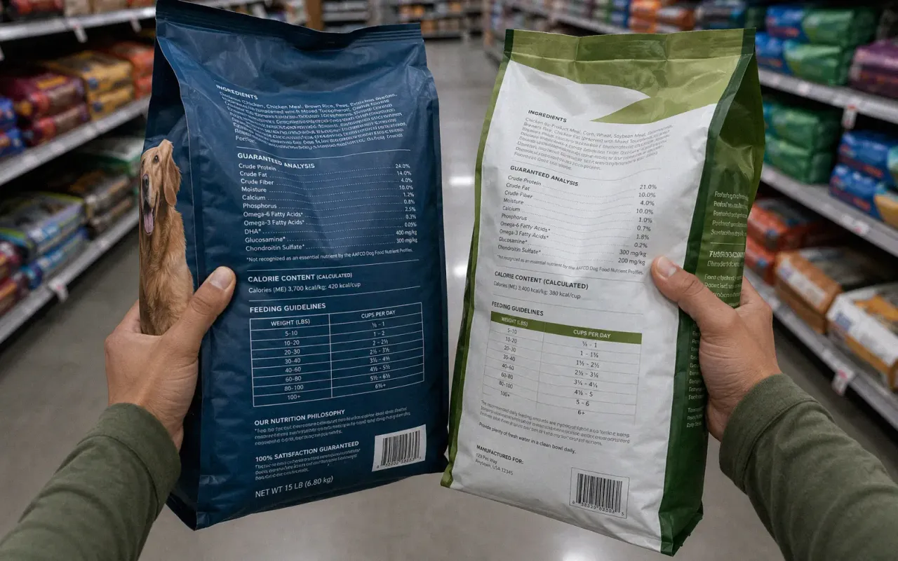 Dog owner comparing dog food labels at a pet store shelf showing different price points and brands