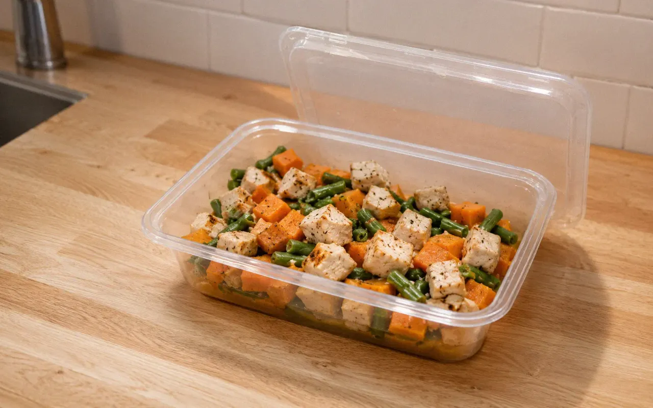Fresh gently cooked dog food with visible chicken sweet potato and green beans in a portioned container