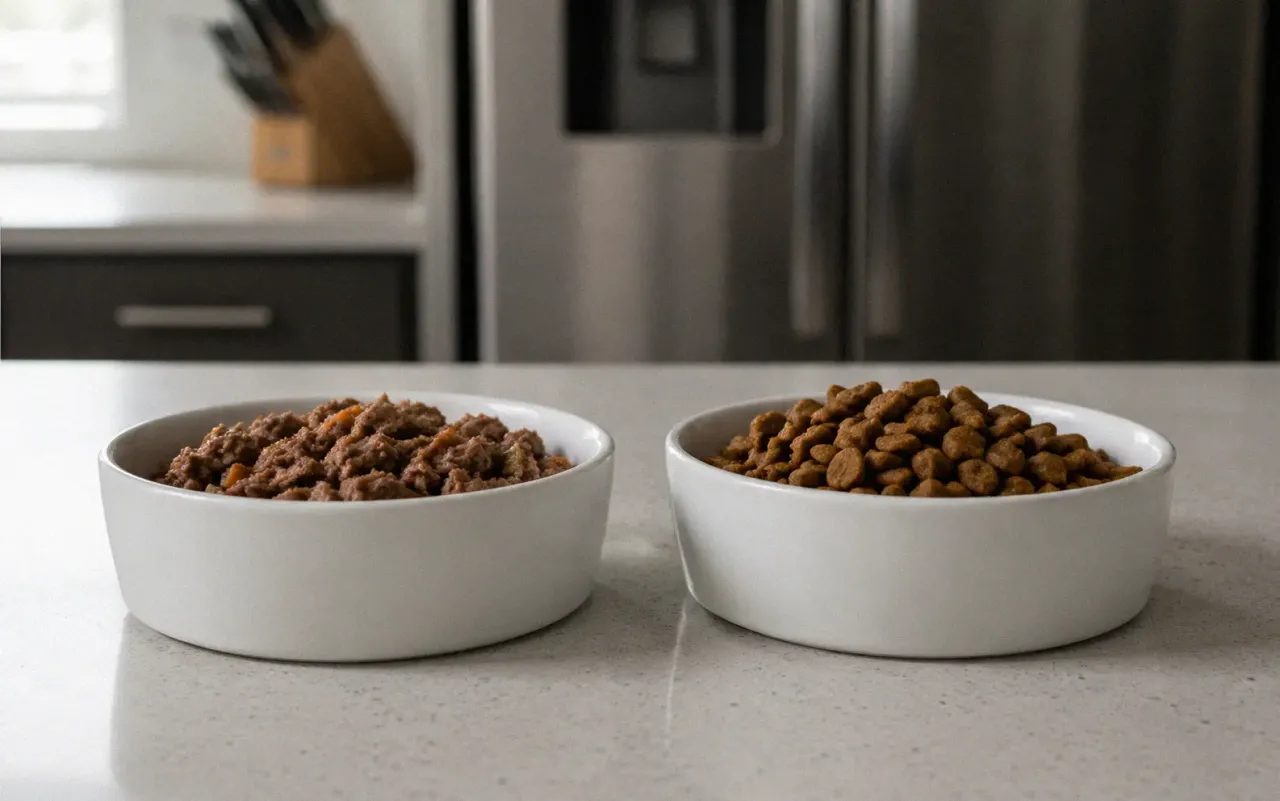 Side by side comparison of wet canned dog food and dry kibble in matching bowls