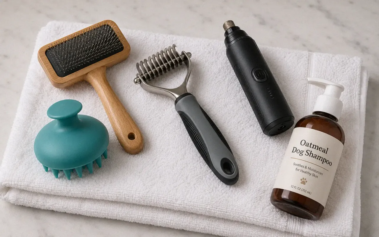 Dog grooming tools including slicker brush undercoat rake nail grinder and shampoo brush arranged on a towel