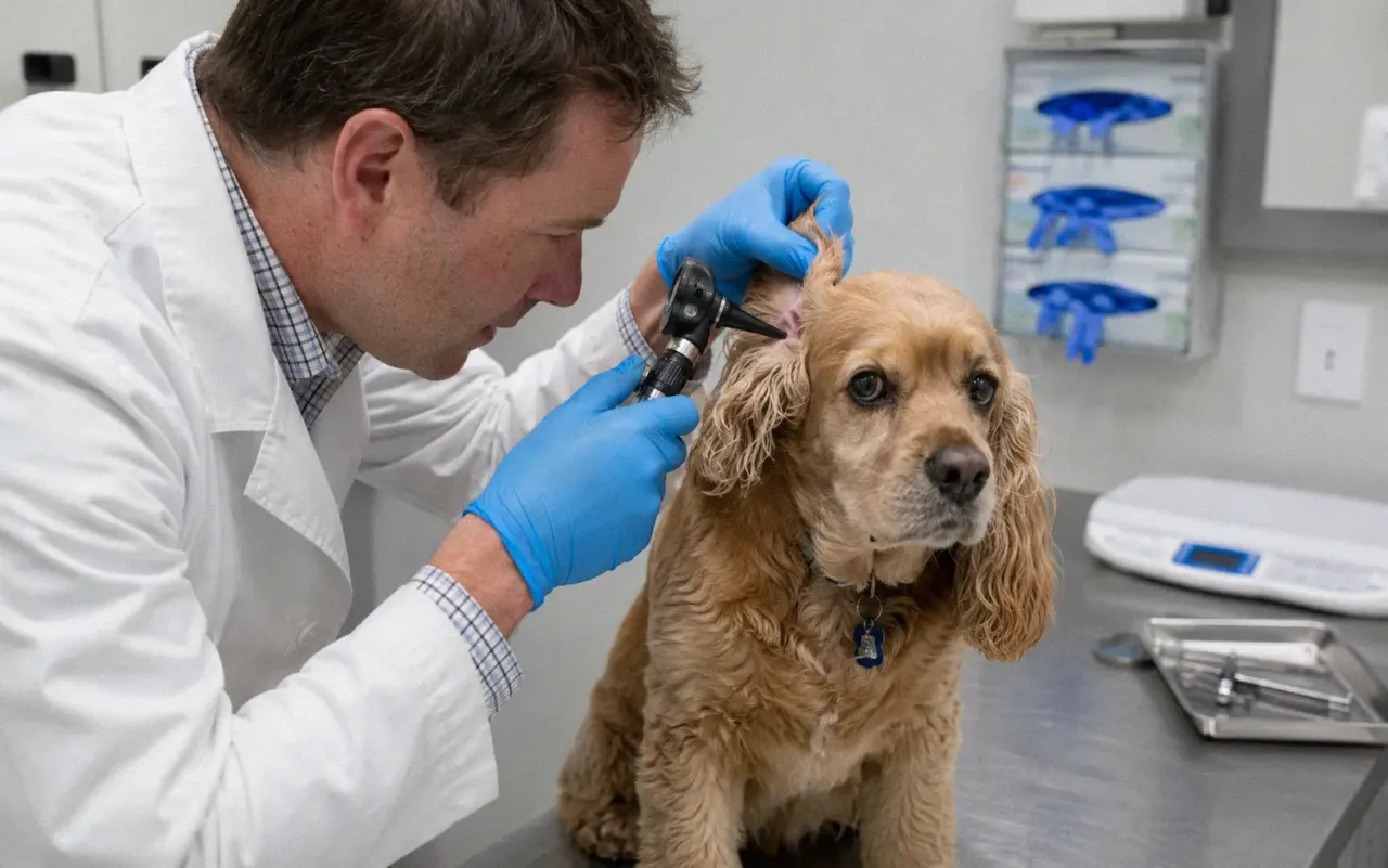 Veterinarian using an otoscope to check a cocker spaniels ears for infection