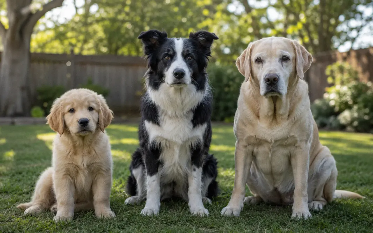 Side by side photos of a puppy adult dog and senior dog showing health changes across life stages