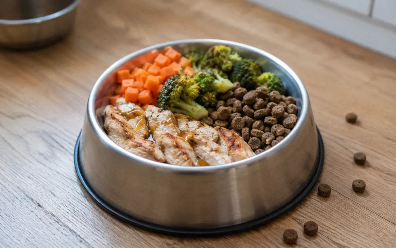 Balanced dog meal with fresh vegetables lean protein and supplements in a stainless steel bowl