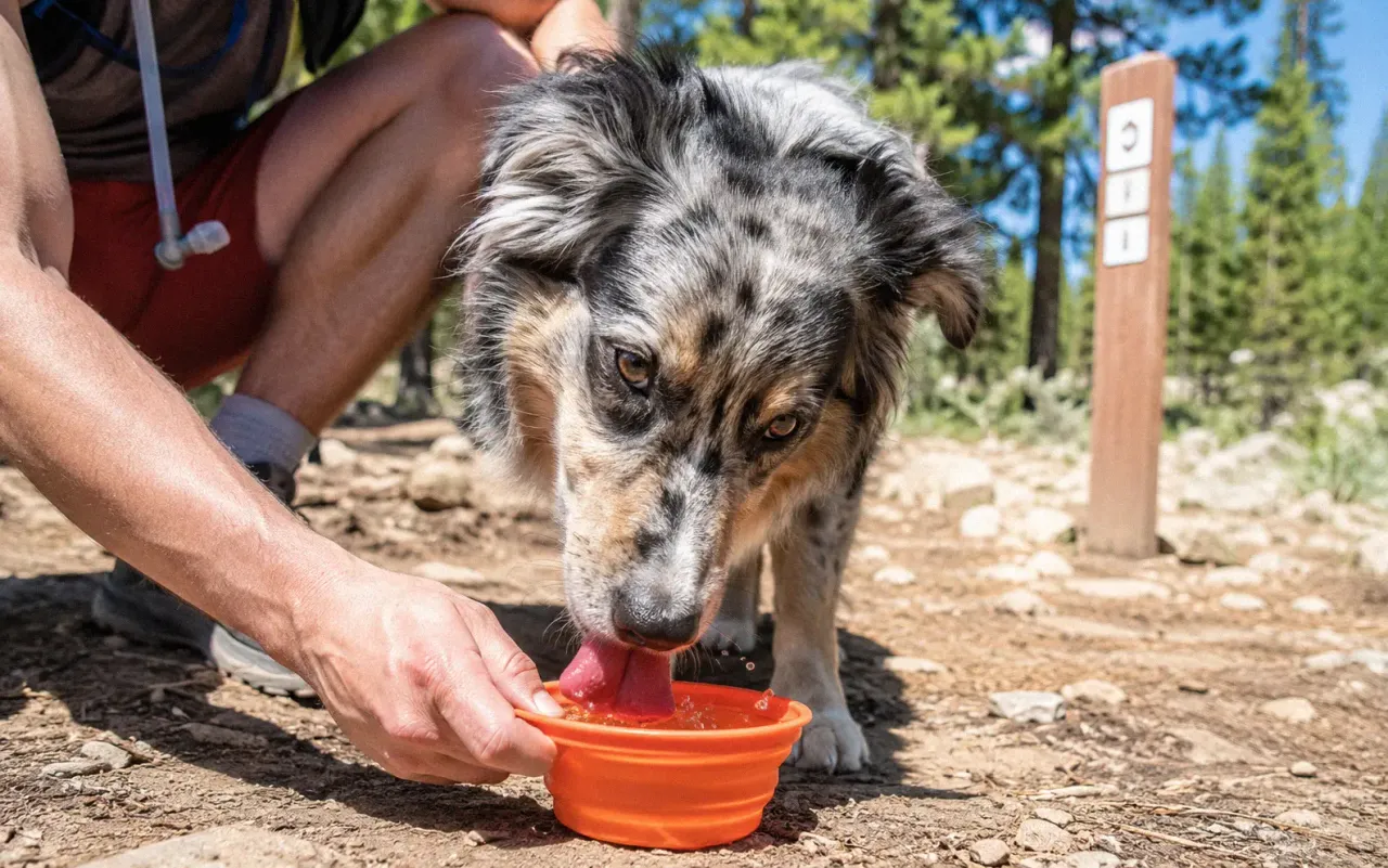 Dog drinking water from a portable bowl during a summer walk to prevent dehydration