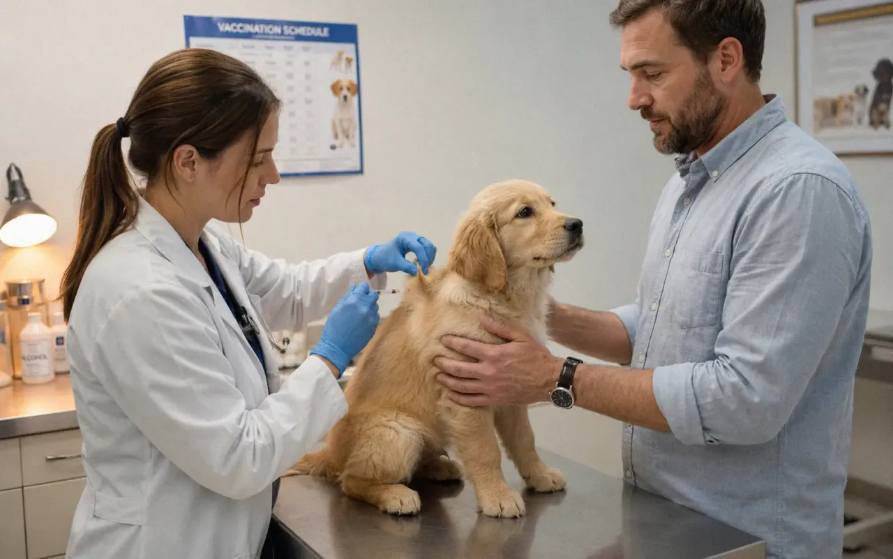 Puppy receiving its first vaccination from a veterinarian at a clinic