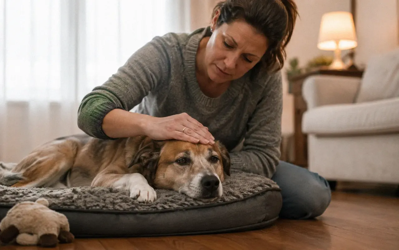 Dog lying lethargically on its bed showing signs of illness while owner checks its temperature