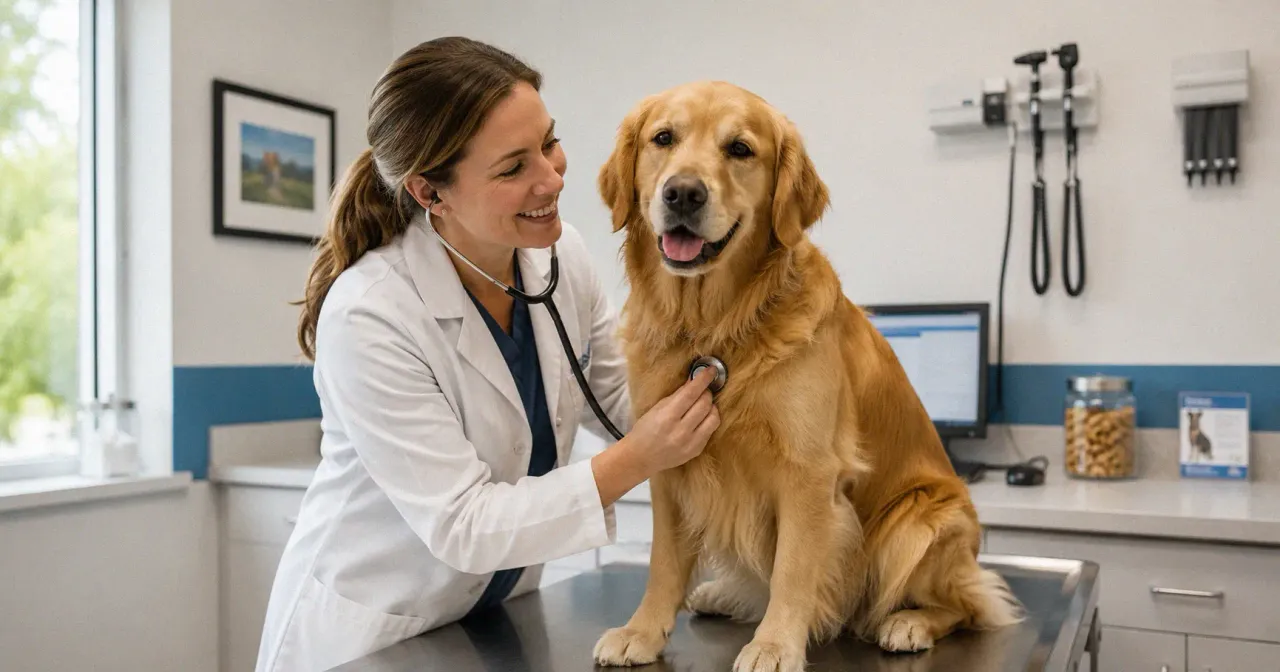 Veterinarian examining a healthy golden retriever during a routine wellness checkup