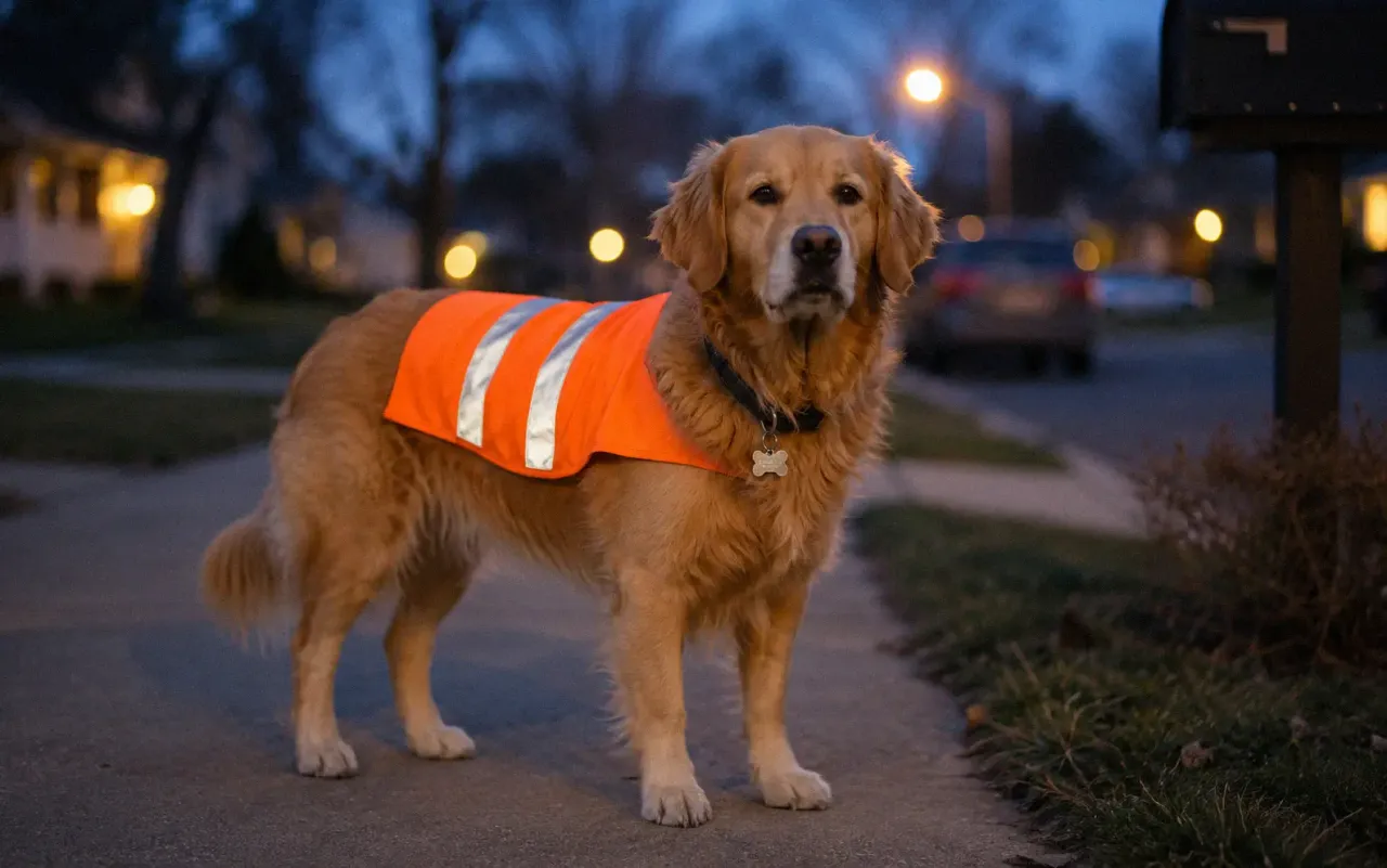 Dog wearing a reflective safety vest and collar with engraved ID tag during an evening walk