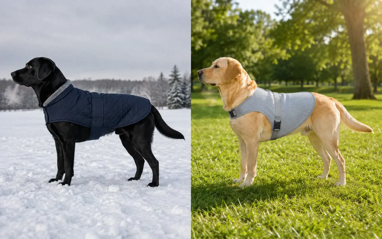 Side by side comparison of a dog wearing a winter insulated coat and another dog wearing a summer cooling vest