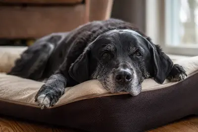 A senior gray-muzzled dog resting on an orthopedic bed