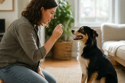 An owner training a dog with a treat during a calm session