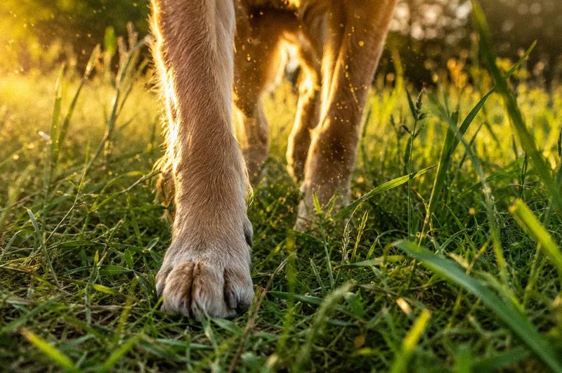 A dog's paws walking through tall grass with pollen in the air