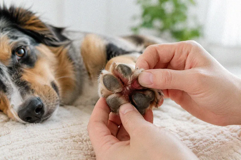 Hands gently spreading a dog's paw to check between the toes