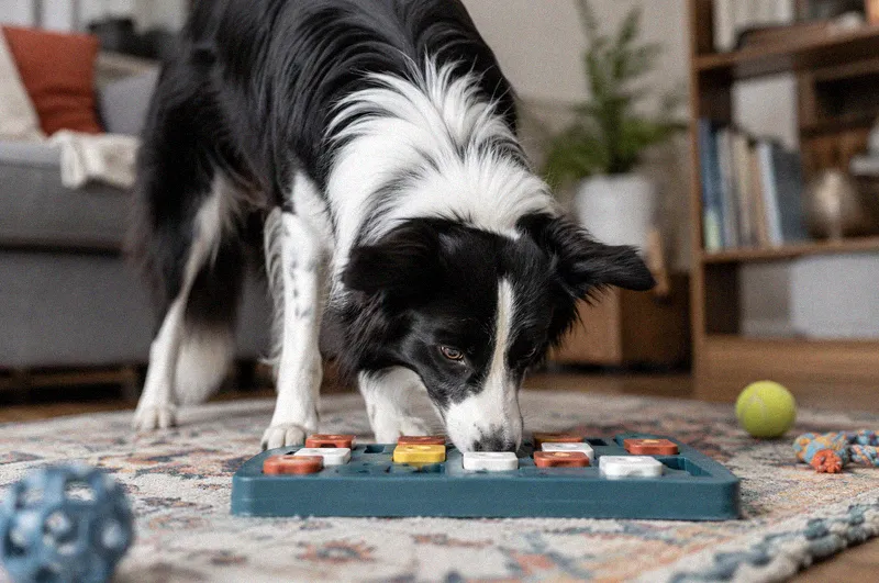 A border collie working a treat out of a food puzzle toy