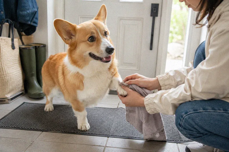 A corgi having its paw wiped with a damp cloth by the front door