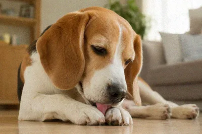 A beagle lying on a hardwood floor licking its front paw