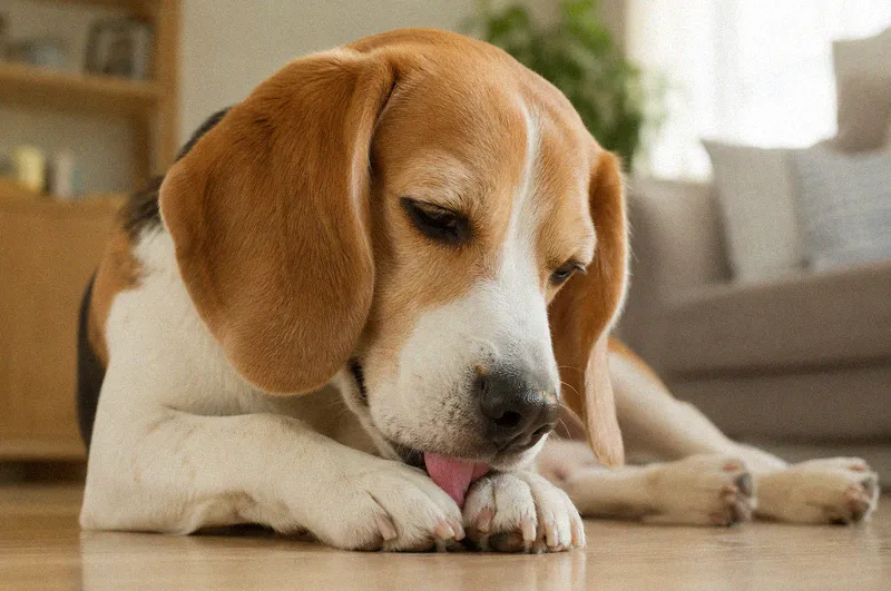 A beagle lying on a hardwood floor licking its front paw