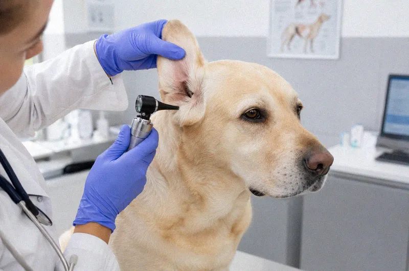 A vet examining a labrador's ear with an otoscope