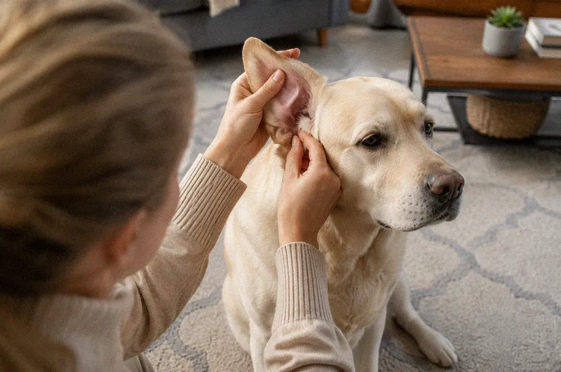 An owner gently lifting a labrador's ear to check inside at home