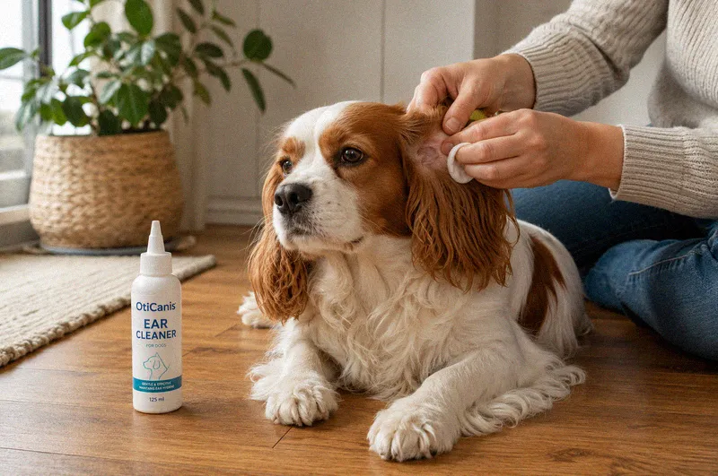 A spaniel having its ear wiped with a cotton pad beside a bottle of ear cleaner