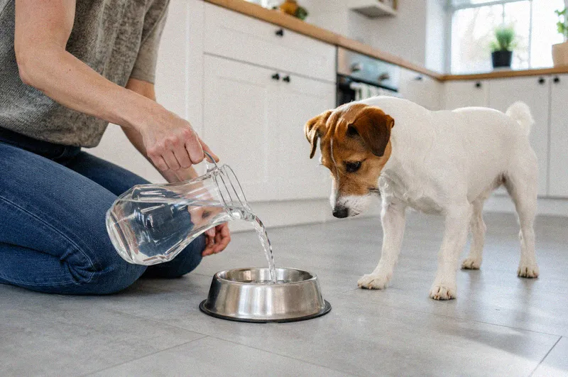A person pouring fresh water into a dog's stainless steel bowl