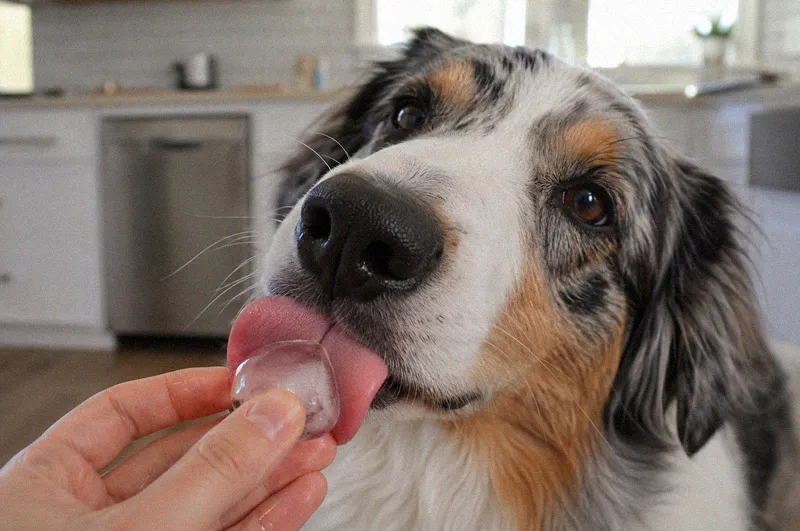 A dog licking an ice cube held in a person's fingers