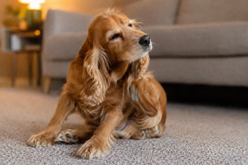 A cocker spaniel scratching at its ear with a hind paw