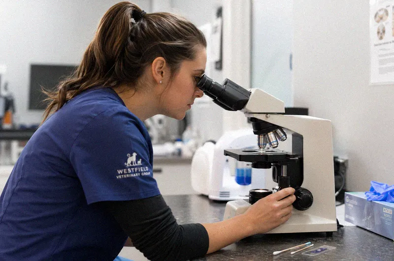 A veterinarian examining an ear swab slide under a microscope