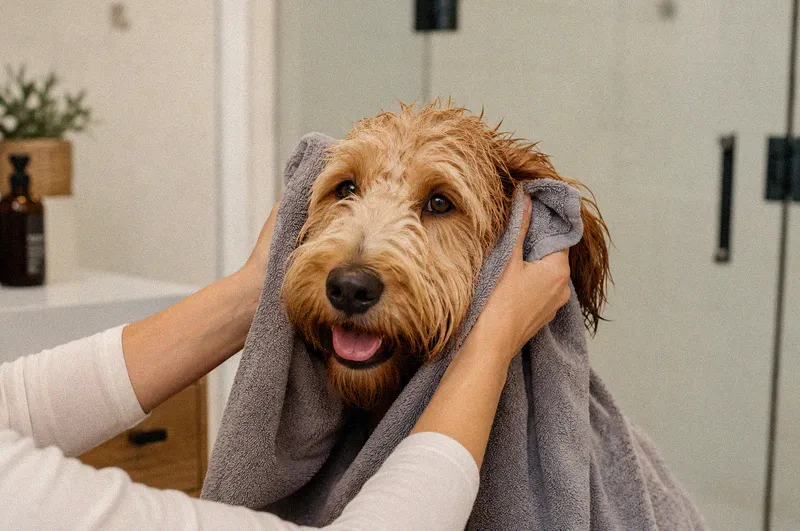A labradoodle being towel-dried around the ears after a bath