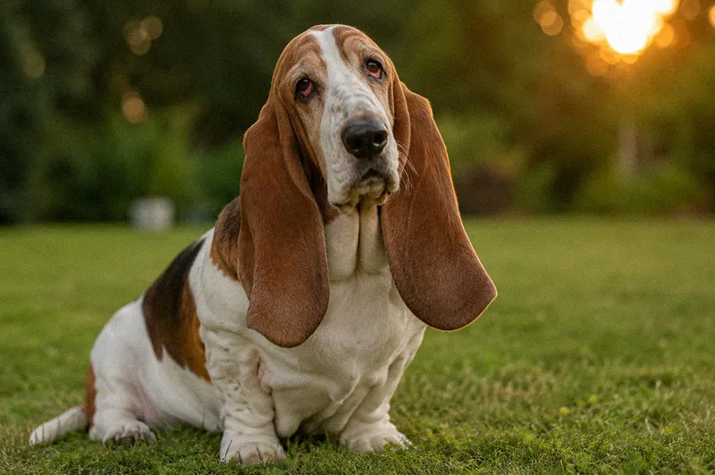 A basset hound with long floppy ears sitting outdoors