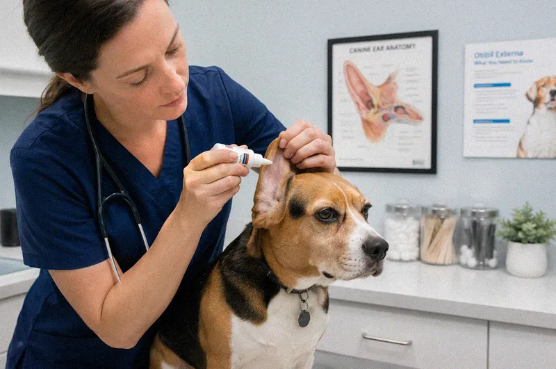 A veterinarian applying ear drops into a dog's lifted ear