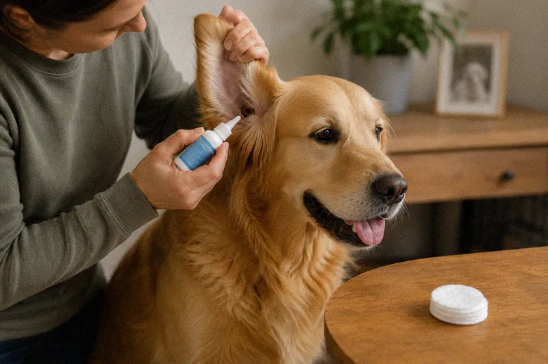 A person cleaning a golden retriever's ear with cleaner and cotton pads
