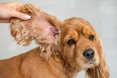 A person lifting a cocker spaniel's floppy ear to check inside
